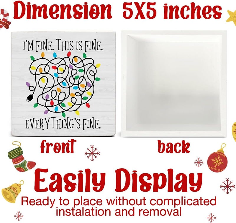 Zauly Funny Christmas Decorations, Christmas Lights Decor Sign, I'm Fine Everything Is Fine Wood Sign Rustic Home Table Desk Decor (5 x 5 Inches) - Image 2